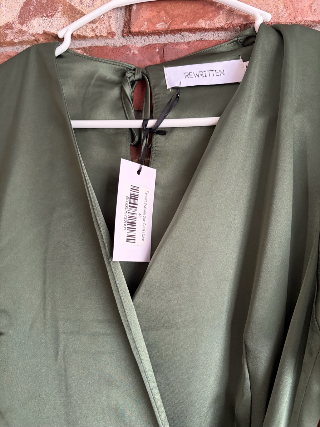 Olive Green Satin Wrap Maxi Dress With Short Sleeves — image 4 of 5